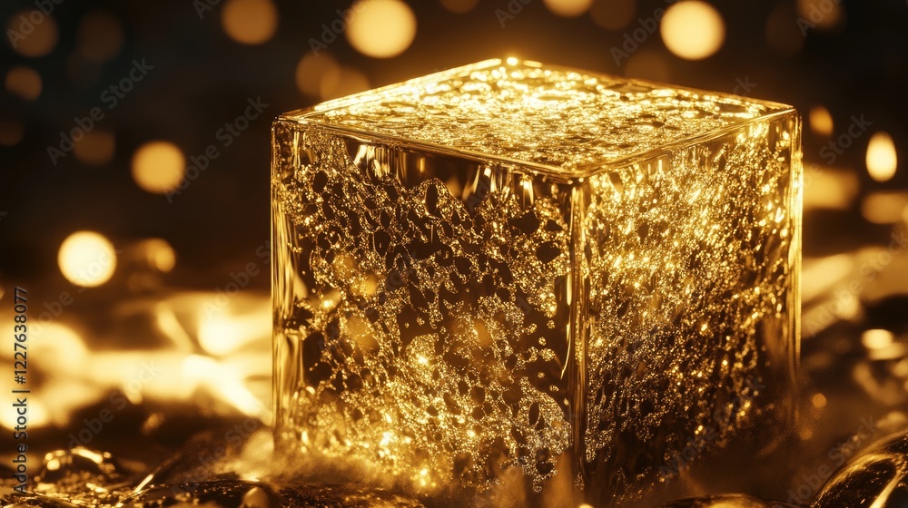 Poster golden textured cube captured in intricate detail with highlights and bubbles creating a luxurious a