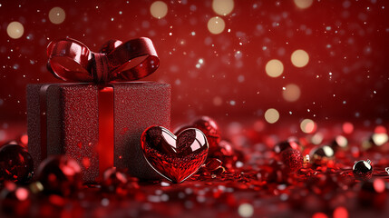 Valentine's Day Gift Box with Glittering Heart Decoration and Festive Red Background