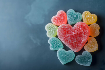 Obraz premium Colorful gummy hearts arranged artistically against a dark background, creating a playful and cheerful display.