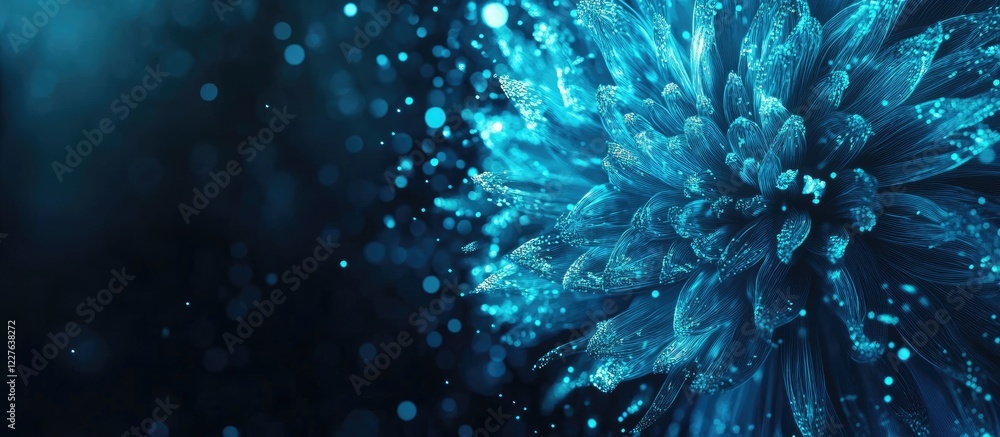 Poster vibrant abstract macro image of a chrysanthemum flower featuring glowing blue tones against a dark b
