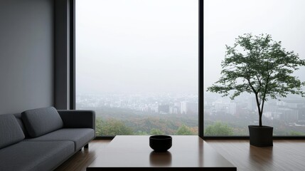 A minimalist living room featuring a large window with a view of a foggy cityscape, a cozy sofa, a wooden table, and a small green tree.