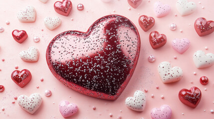 Luxury Valentine's Day Banner Featuring Sparkling Red and White Hearts in a Stylish Flat Lay Arrangement with Copy Space