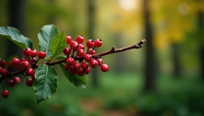 Obraz premium Dark brown branch with dried crimson berries against forest green foliage, autumn, deciduous, tree bark