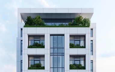 A modern building with a sleek facade, featuring large windows and greenery on its terraces, showcasing contemporary architectural design.