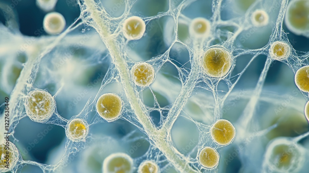 Poster microscopic view of macro fungi and mold showcasing intricate structures in a forest ecosystem