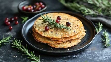 Maca pancakes served on a black plate with currants and fresh rosemary twigs for a nutritious breakfast option.