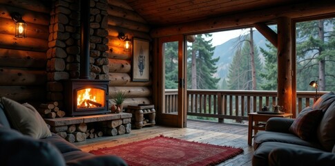 Cozy cabin atmosphere with crackling wood stove, chimney, outdoorsy