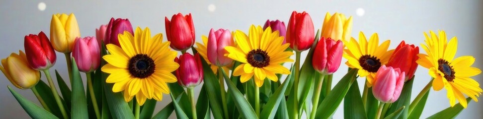 Fototapeta premium colorful mix of tulips and sunflowers in a vase, botanical, flowers, garden decor