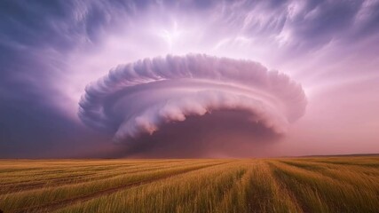 Massive shelf cloud over a golden wheat field at sunset. Dramatic purple and pink hues dominate the sky. Lightning illuminates the cloud's structure - Powered by Adobe