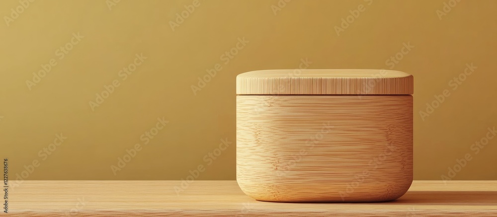 Poster organic japanese rice container on wooden surface against a solid color background with space for cu