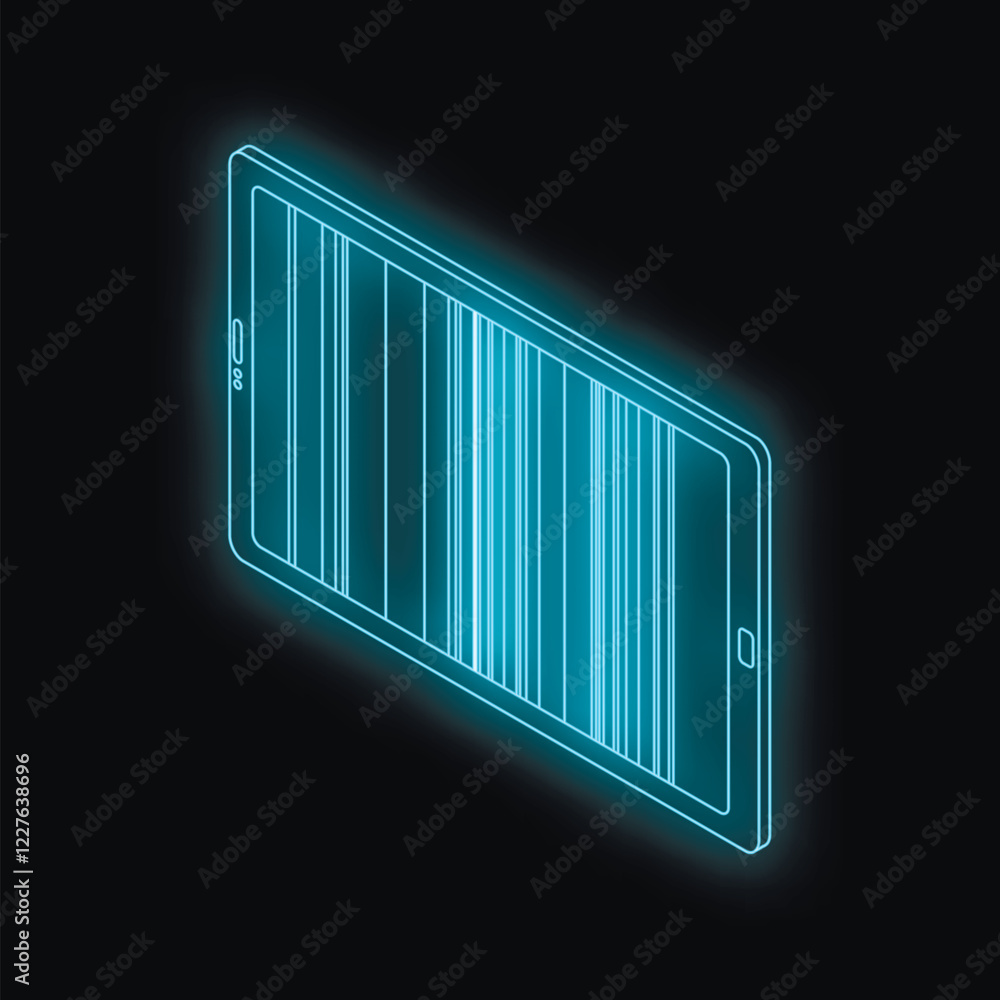 Poster glowing blue smartphone displaying vertical lines on dark background, ideal for technology and commu
