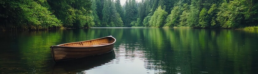 Fototapeta premium A serene wooden boat floats on a calm lake surrounded by lush green trees, reflecting nature's beauty in tranquil waters.
