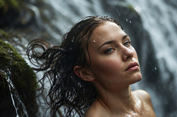 Fototapeta premium Natural Beauty: Young Woman Enjoying Waterfall and Refreshing Nature Moment