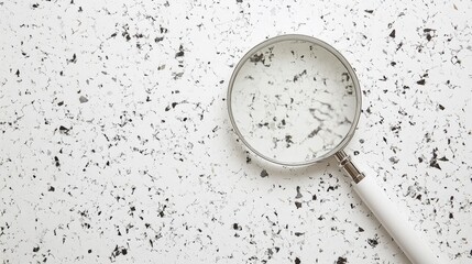 Large white magnifying glass on a textured white background showcasing the intricacies of surface patterns and reflections.