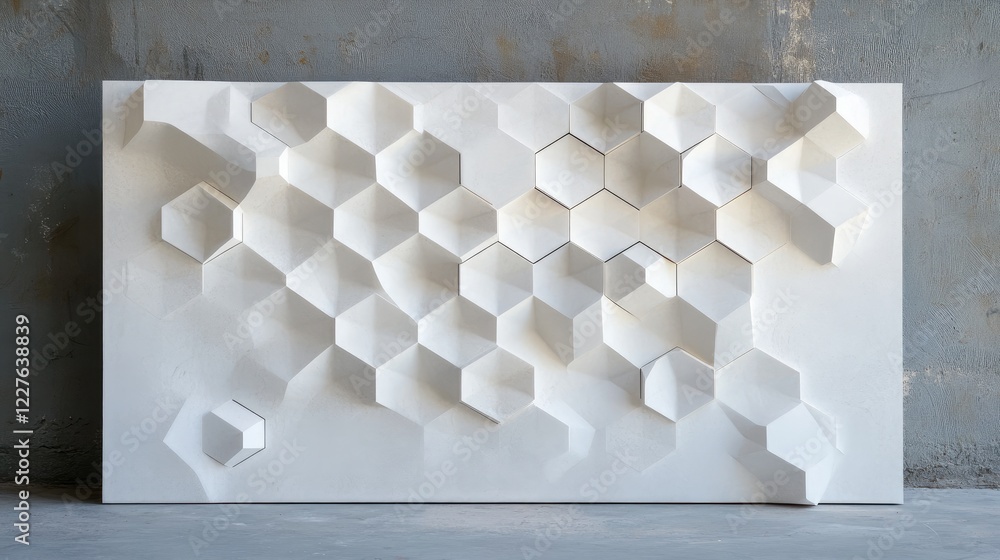 Poster textured white architectural panel featuring an intricate hexagonal grid design for modern interior 