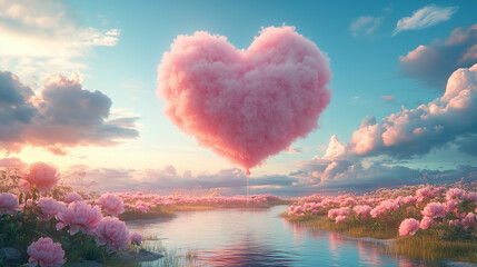 Magical Valentine's Day Scene with a Large Heart-Shaped Cloud Hovering Over Calm Waters and Surrounded by Lush Pink Blossoms - Perfect for Copy Space Design