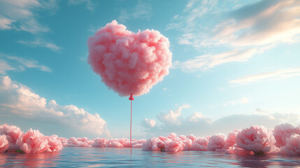 "Romantic Valentine's Day Background Featuring a Cotton Candy-Like Heart Cloud in a Serene Sky Above a Peaceful Landscape with Pink Floral Details - Ideal for Banners