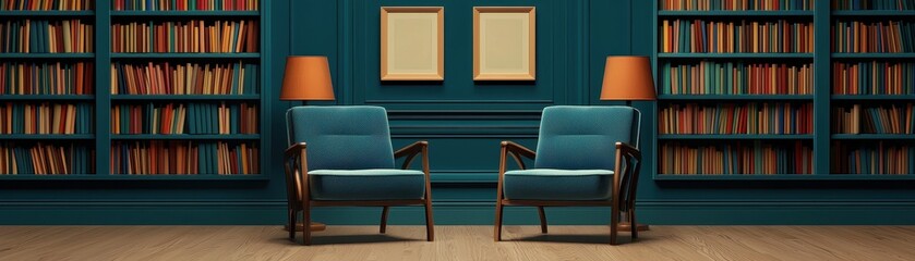 A cozy reading nook featuring two teal chairs, warm lighting, and a rich backdrop of bookshelves filled with colorful books.
