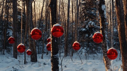 Red Christmas baubles hanging from tree branches in a serene snowy forest setting during winter season holiday celebrations.