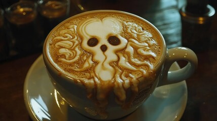 Creative latte art depicting a ghostly figure in foam served in a white cup on a dark wooden table for unique coffee experiences.