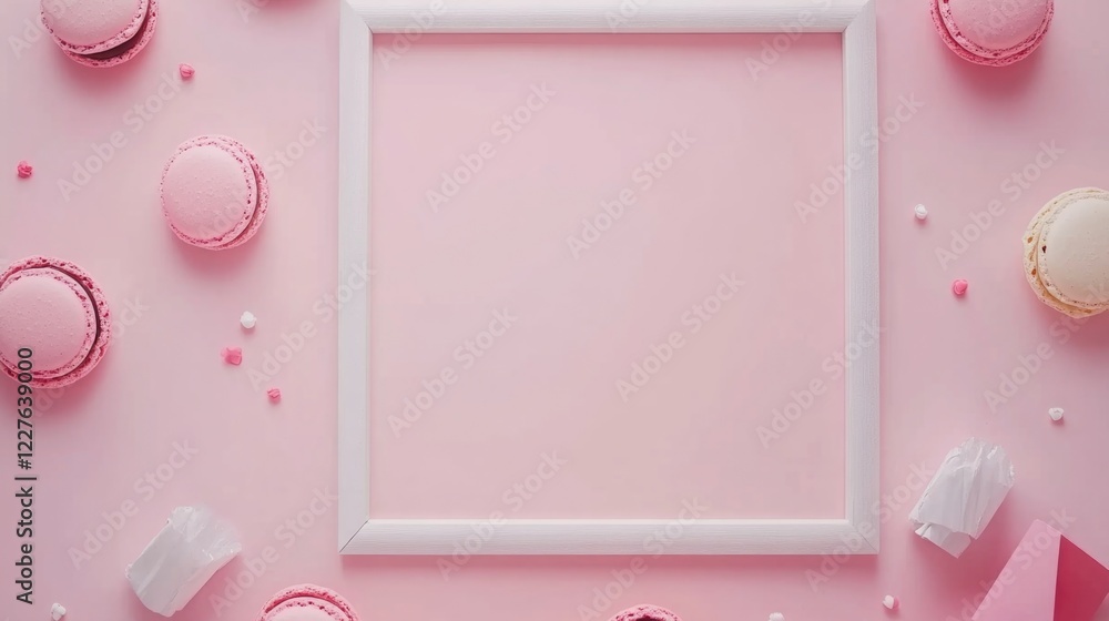 Poster macarons and decorative elements on soft pink background with empty frame and space for text or desi
