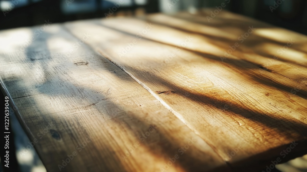 Poster light brown wooden table surface with natural grain patterns and soft shadows creating a warm, invit