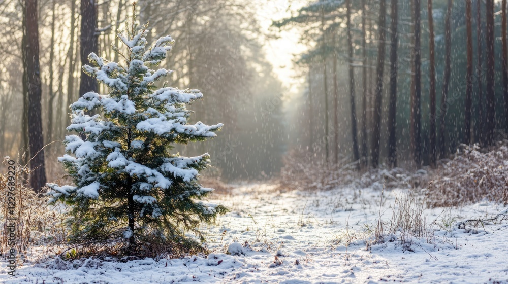 Poster serene winter forest landscape featuring a snow-covered fir tree at dawn with gentle snowfall and em