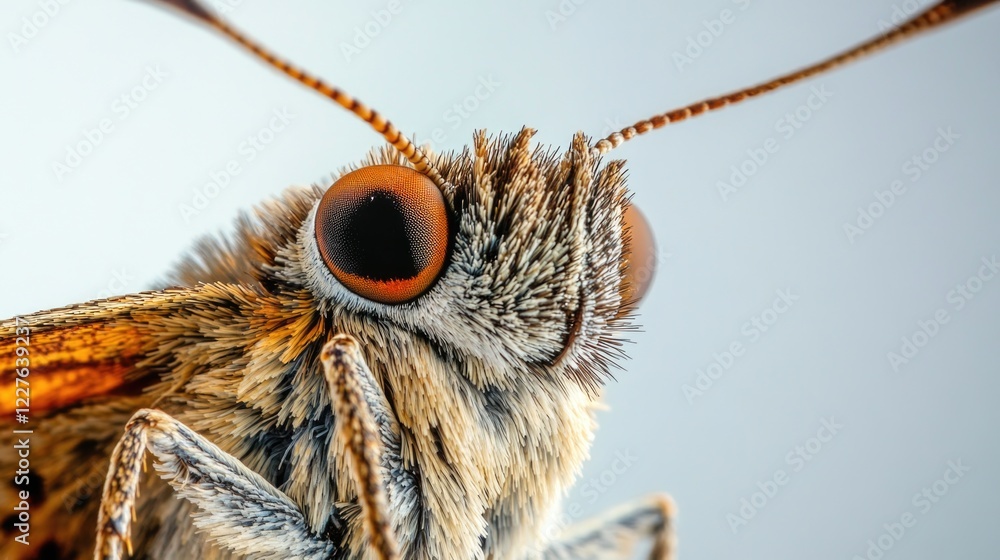 Poster close-up macro shot of a butterfly showcasing intricate details and textures against a clean white b