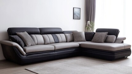 Modern Leather Corner Sofa in Minimalist Living Room with Soft Lighting and Neutral Decor