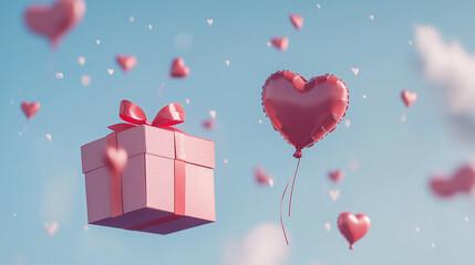 Valentine's Day Banner with a Floating Gift Box and Heart-Shaped Balloon in a Cloudy Sky - Copy Space for Your Text