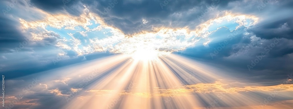 Poster dramatic cloudy sky with sunlight streaming through creating a moody atmosphere and ample empty spac