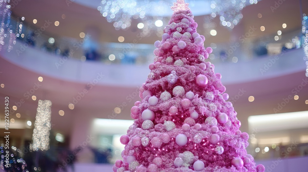 Poster rotating large pink christmas tree adorned with ornaments against a beautiful bokeh background in a 