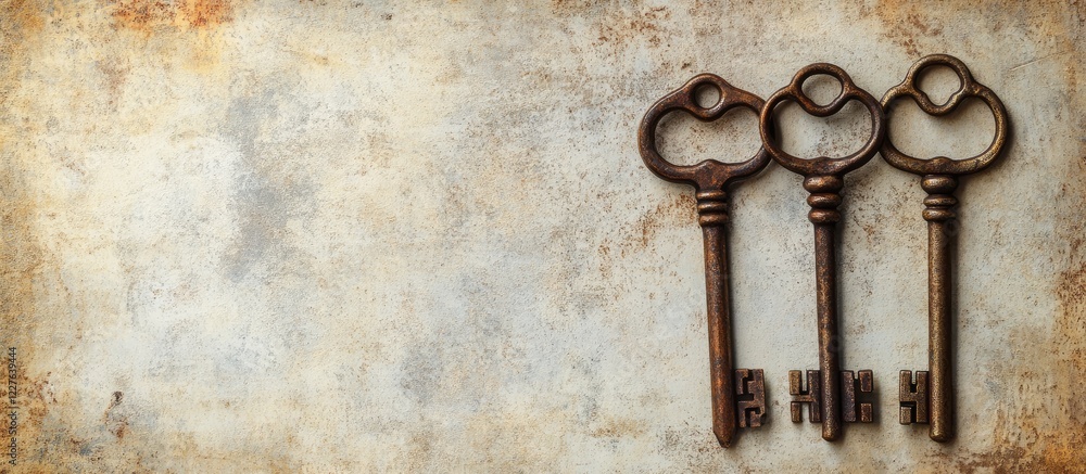 Poster antique keys against a vintage textured background with ample blank space for customization and text