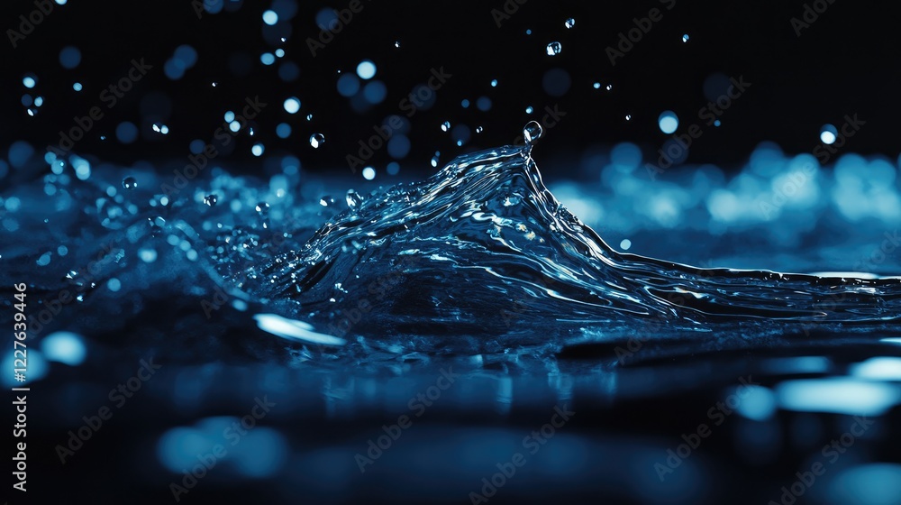 Poster close-up of dynamic water splash capturing blue droplets and ripples reflecting light in dark backgr