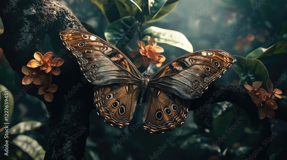 Poster detailed close-up of an intricately patterned butterfly perched on a tree branch surrounded by vibra