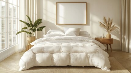 Contemporary Bedroom Mockup Featuring an Empty Frame in a Bright and Airy Space with Soft Textures and Natural Elements