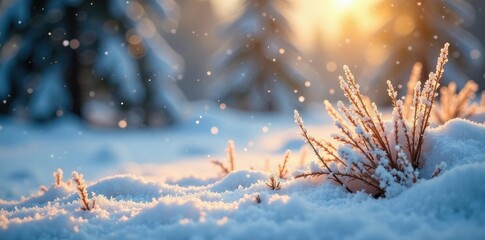A serene snowy scene with golden accents and ice crystals, frosty atmosphere, peaceful landscape