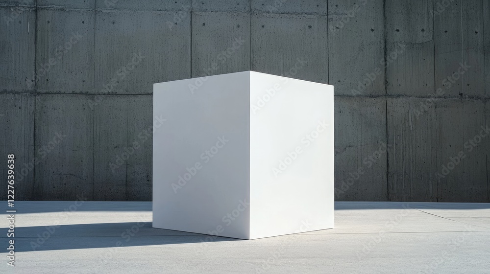 Aufkleber minimalist white cube positioned on a concrete slab with a textured wall in the background showcasin
