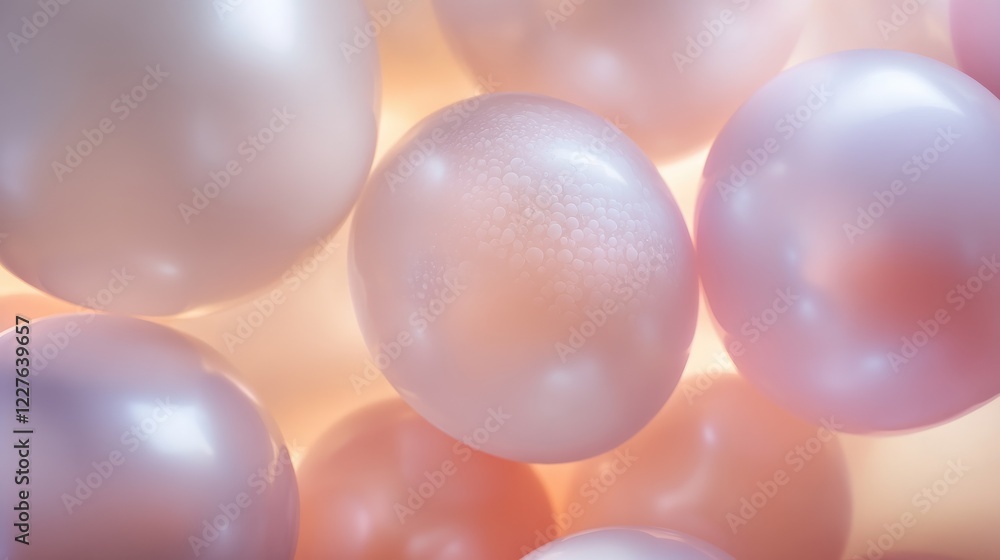 Poster blurred macro shot of soft-colored balloons creating an ethereal atmosphere with gentle light highli