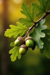 A majestic oak branch with acorns isolated against a warm background, acorn, forest