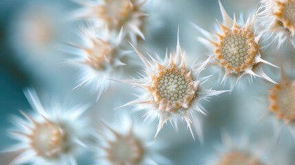 Macro shot of white ripe wild nettle with sharp spines in forest glade showcasing unique plant details and textures in natural environment.