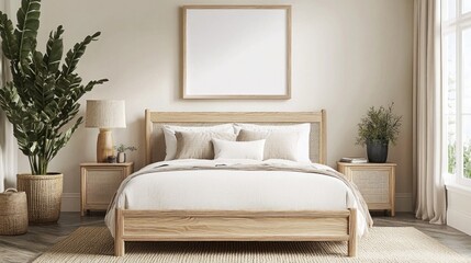 Serene Modern Bedroom Interior with Empty Frame, Natural Elements, and Neutral Palette in Bright Atmosphere
