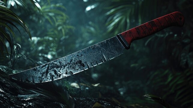 Machete resting on mossy ground surrounded by lush jungle foliage and soft sunlight filtering through the dense canopy.