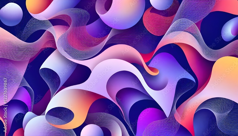 Poster A generative design artwork featuring a complex composition of abstract vector-generated shapes, seamlessly arranged with dynamic patterns, gradients