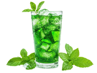 Isolated Glass of Green Mint Drink with Ice and Mint Leaves