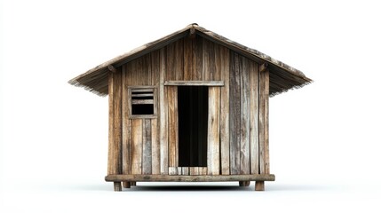Rustic Wooden House with Thatch Roof on White Background