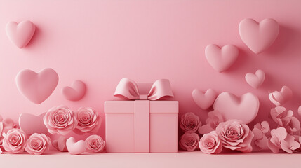 Charming Valentine's Day Composition with Roses, Hearts, and Gift Box – Ideal Banner with Copy Space for Greetings