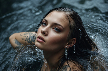 Obraz premium Natural Beauty: Young Woman Enjoying Waterfall and Refreshing Nature Moment