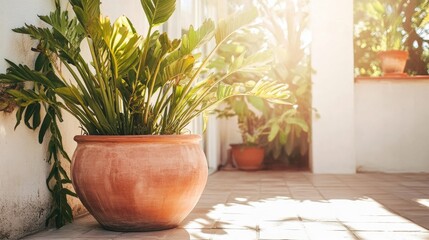 Fototapeta premium Terracotta Plant Pot in Sunlit Terrace Garden with Lush Greenery and Natural Light