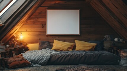 Cozy Rustic Attic Space with Soft Textiles, Warm Lighting, and a Blank Frame for Artwork Mockup